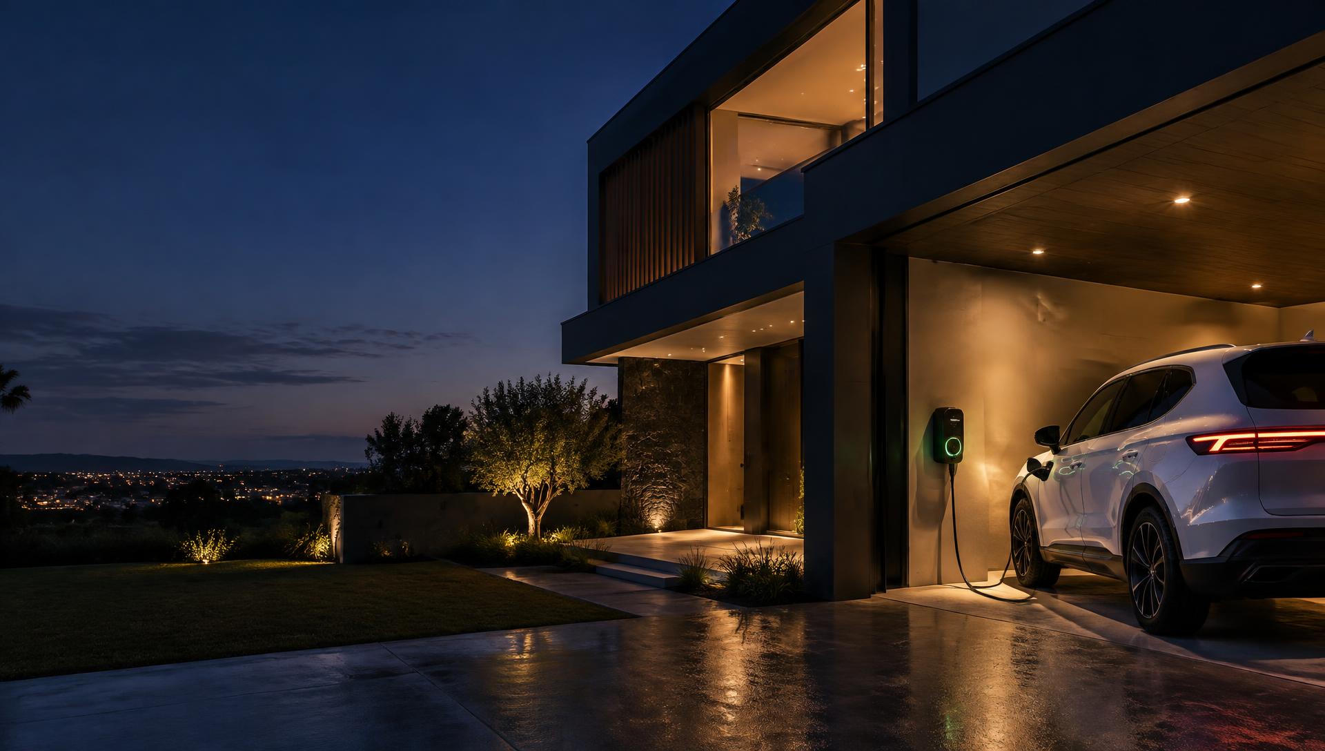 Residência contemporânea com veículo elétrico conectado a um Wallbox