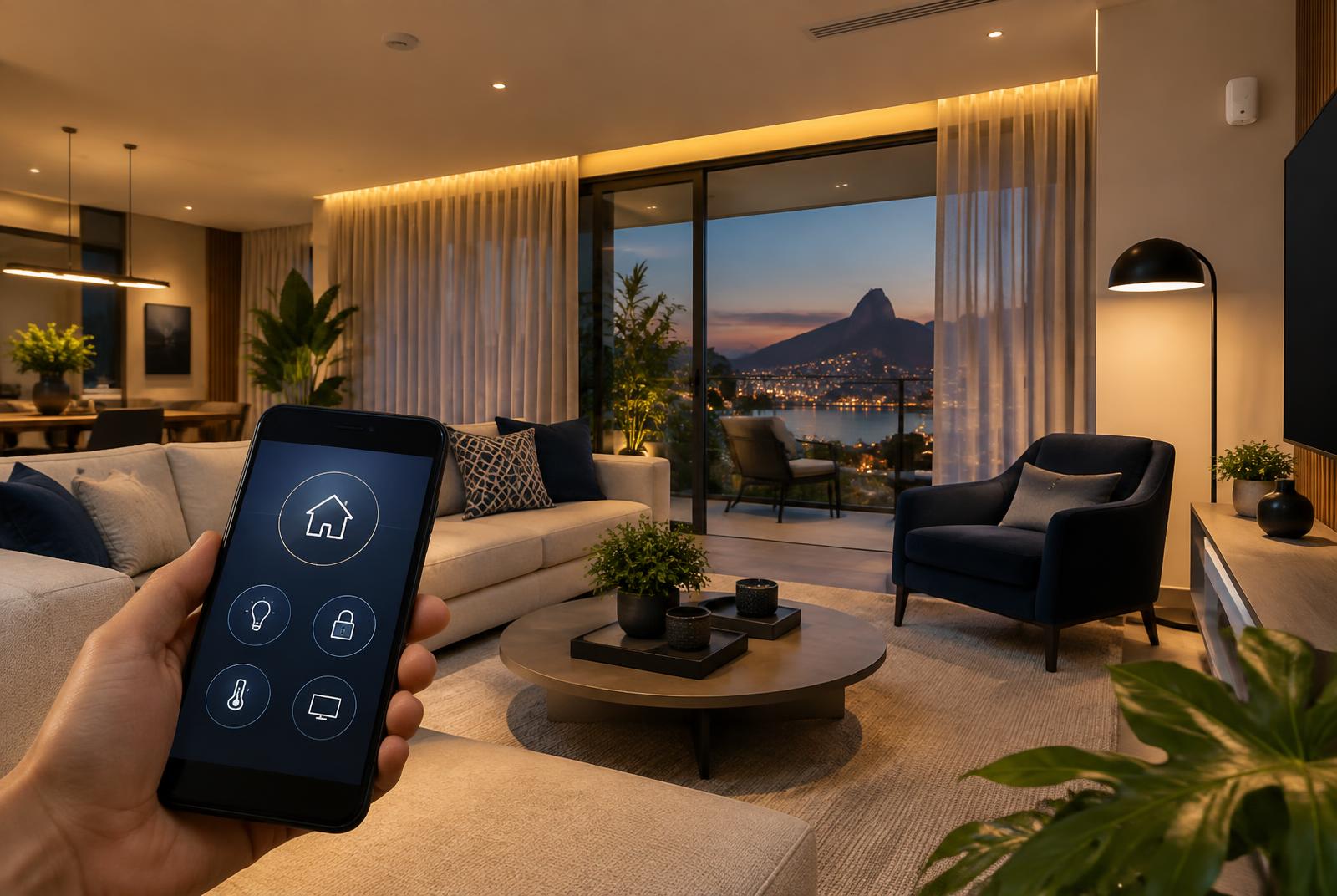 Sala contemporânea controlada por aplicativo de automação