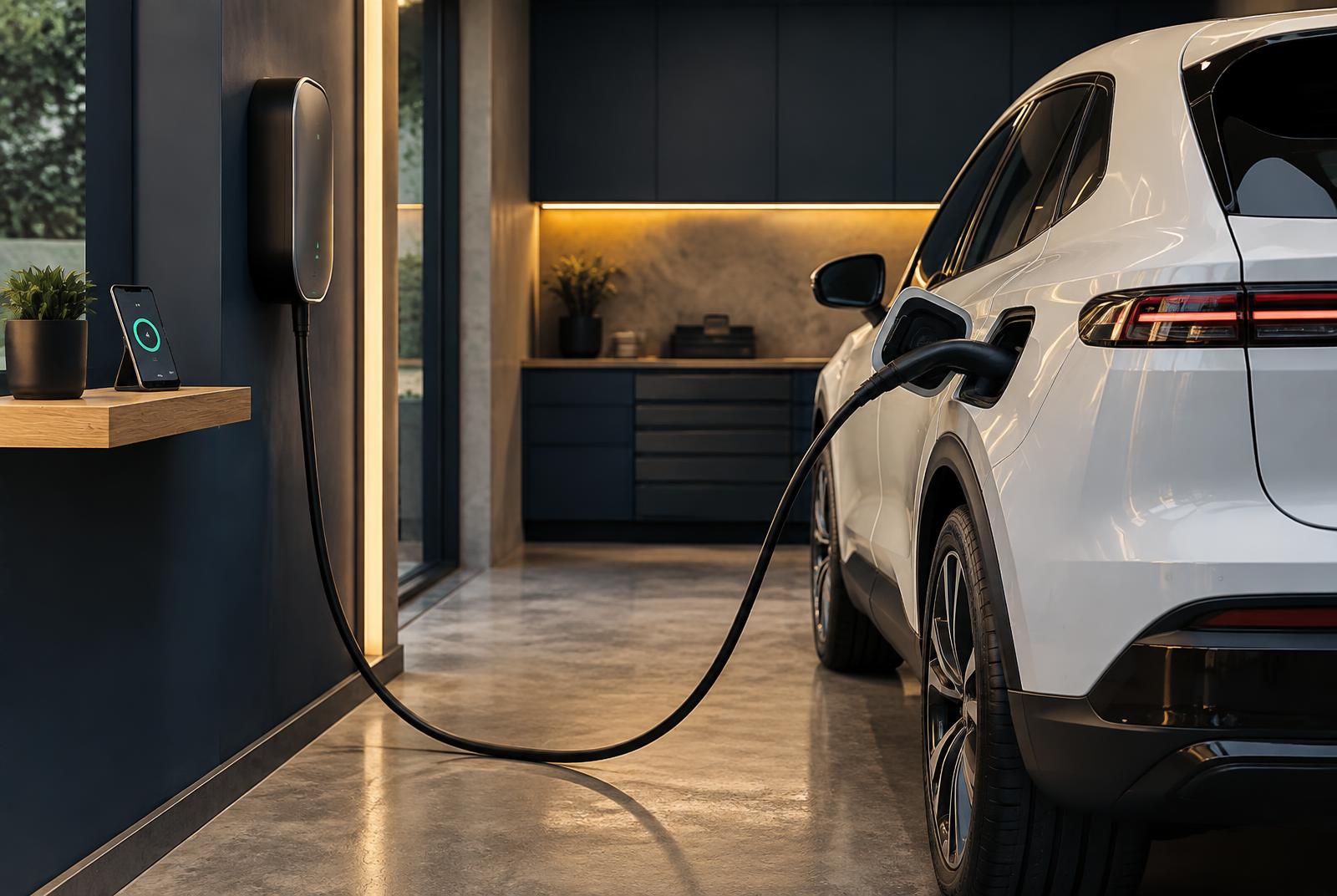 Wallbox conectado a veículo elétrico em garagem premium